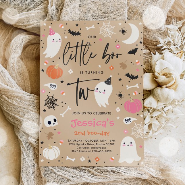 Little Boo Cute Pink Ghost 2nd Birthday Party Invitation