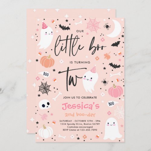 Little Boo Cute Pink Ghost 2nd Birthday Party  Invitation