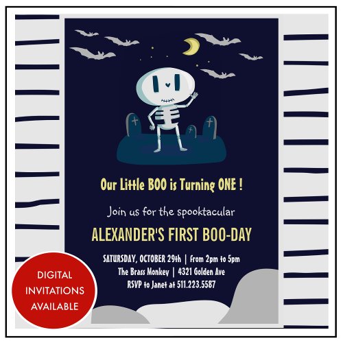  Little boo Cute Skeleton Halloween 1st Birthday Invitation