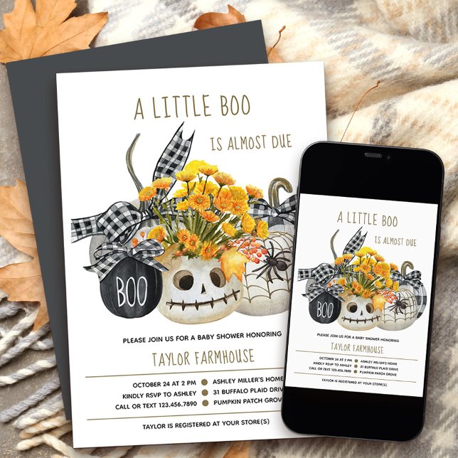 Little Boo Farmhouse Pumpkin Halloween Baby Shower Invitation (Little Boo Halloween Baby Shower Invitation with stylish farmhouse plaid and fall flowers
)