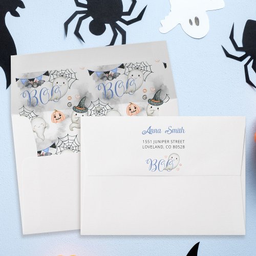 Little Boo Ghost Blue Baby Shower Return Address Envelope