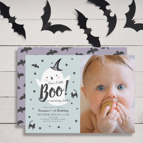 Little Boo Ghost Halloween Blue 1st Birthday Photo Invitation