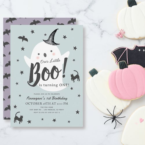 Little Boo Ghost Halloween Blue Boy 1st Birthday Invitation