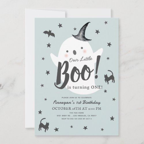 Little Boo Ghost Halloween Blue Boy 1st Birthday Invitation