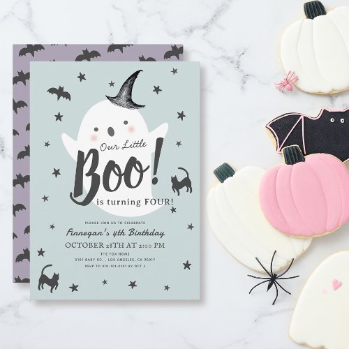 Little Boo Ghost Halloween Blue Boy Birthday Invitation