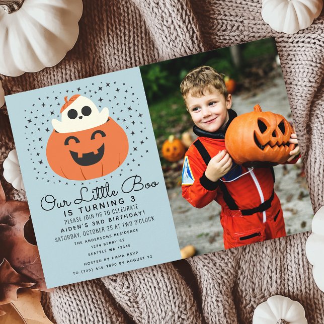 Little Boo Ghost Halloween Boys Birthday Photo Invitation (Creator Uploaded)