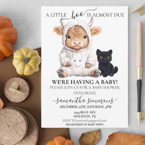 Little Boo Ghost Halloween Highland Cow Baby Invitation