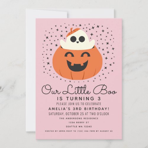 Little Boo Ghost Halloween Kids Pink Birthday Invitation