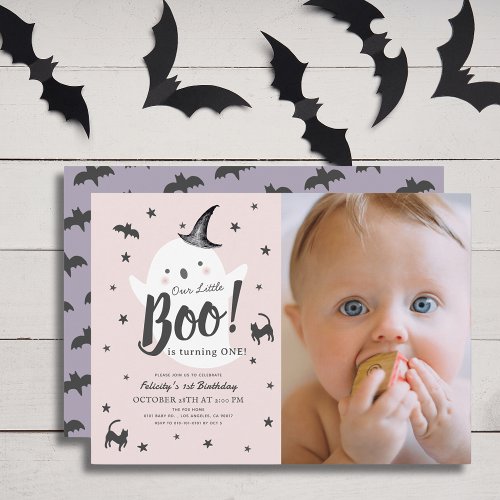 Little Boo Ghost Halloween Pink 1st Birthday Photo Invitation