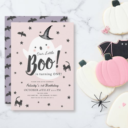 Little Boo Ghost Halloween Pink Girl 1st Birthday Invitation