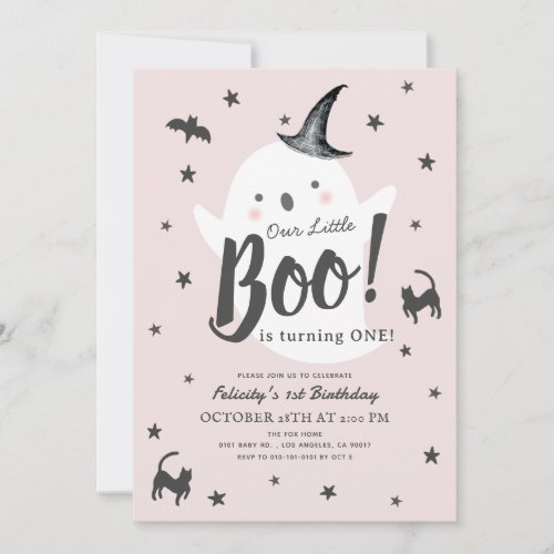 Little Boo Ghost Halloween Pink Girl 1st Birthday Invitation