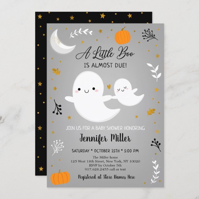 Little Boo Ghost Pumpkin Gold Baby Shower Invitation (Front/Back)