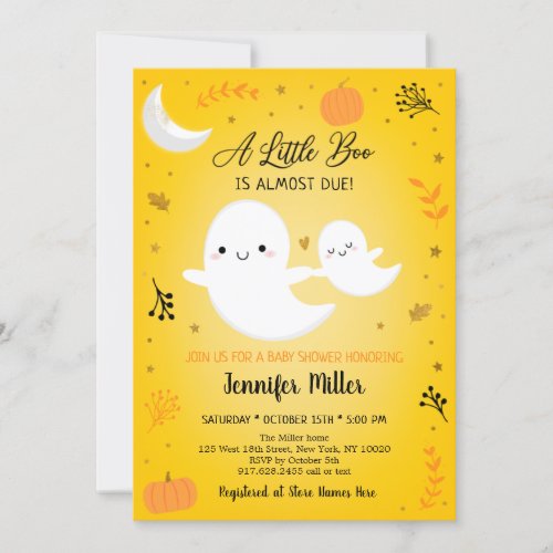 Little Boo Ghost Pumpkin Gold Baby Shower Invitation