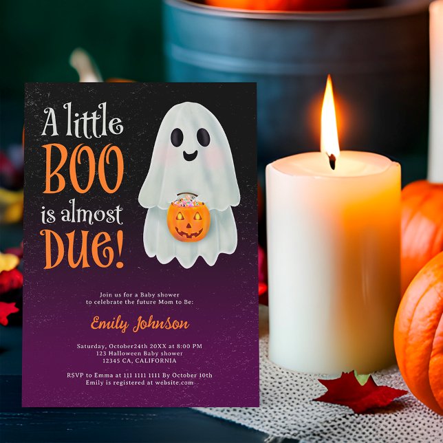 Little boo ghost pumpkin Halloween baby shower Invitation (Little boo ghost pumpkin Halloween baby shower Invitation on purple)