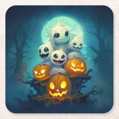 Little boo ghosts in the dark forest Halloween Square Paper Coaster