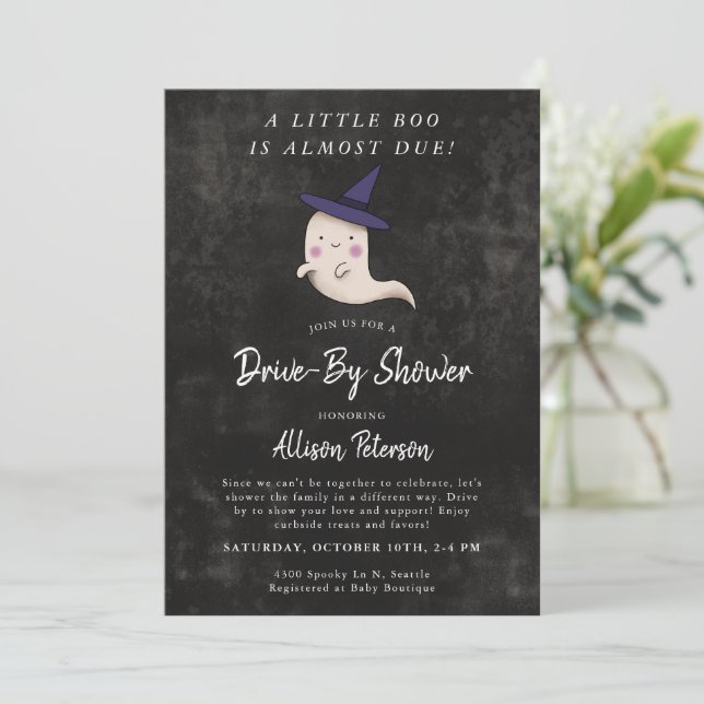 Little Boo Girl Halloween Drive By Baby Shower Invitation (Standing Front)