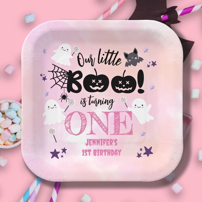 Little Boo! Girl Pink Cute Halloween 1st Birthday Paper Plates (Creator Uploaded)