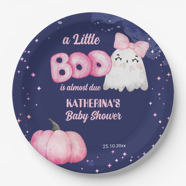 Little boo Halloween baby girl ghost baby shower Paper Plates (Front)
