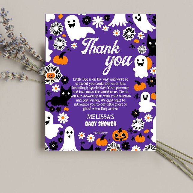 Little boo Halloween baby shower thank you card (Halloween baby shower thank you card purple groovy retro daisy cute ghosts pumpkins daisies thanks)
