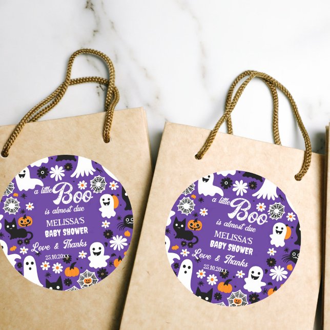 Little boo Halloween baby shower thank you favor Classic Round Sticker (Little boo groovy retro baby shower thank you favor stickers cute ghosts daisies purple pumpkins)