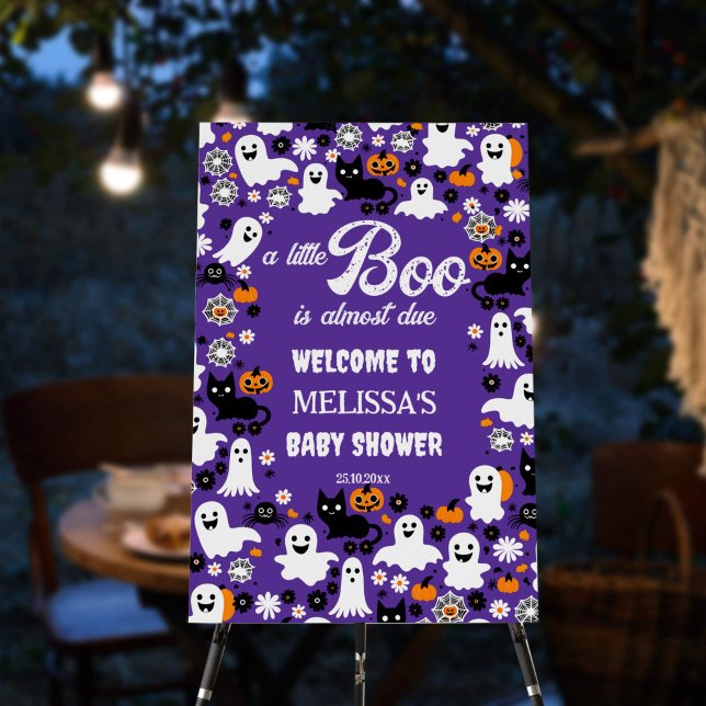 Little boo Halloween baby shower welcome sign (Halloween baby shower welcome sign board purple groovy retro cute ghosts daisies cat pumpkins spider)