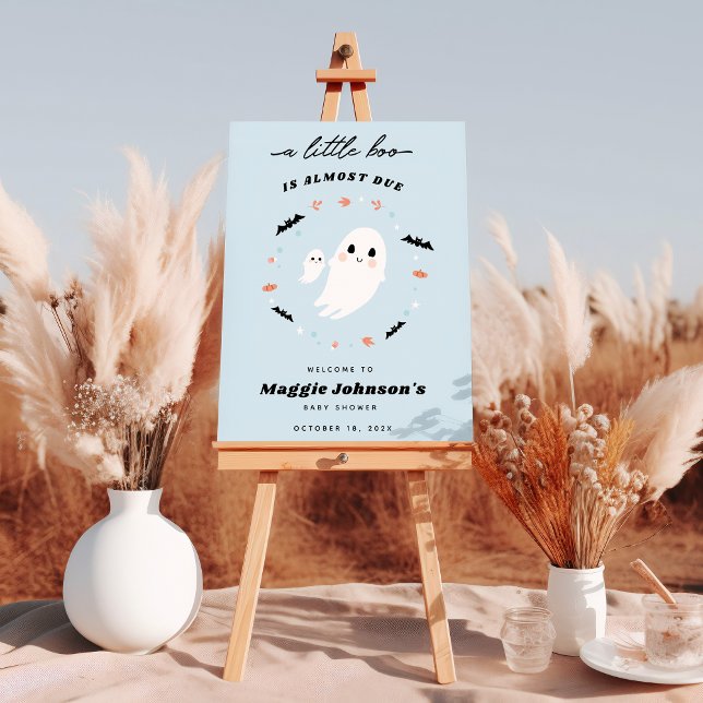 Little Boo Halloween Blue Baby Shower welcome sign (Little Boo baby shower welcome sign shown outside on easel  with fall pampas grass framing the sign)