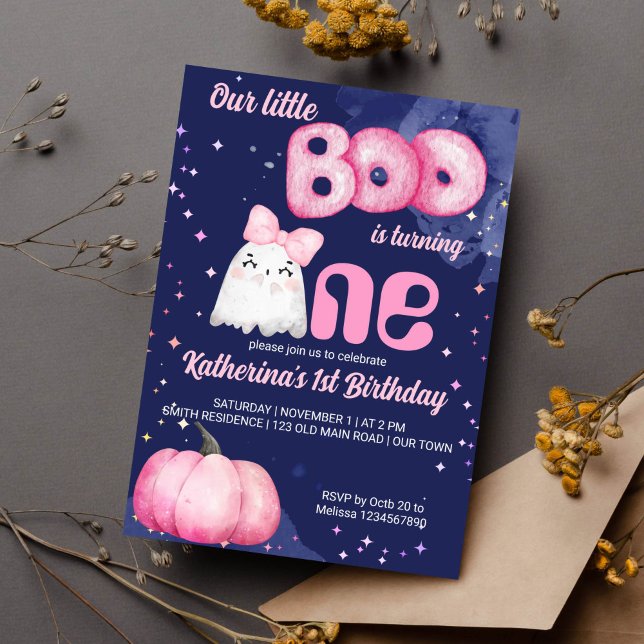 Little boo Halloween cute girl ghost birthday Invitation (Little boo first birthday party invitation pink and navy blue girl baby ghost pink pumpkin)