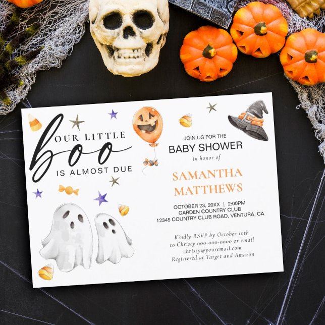 Little Boo Halloween Fall Baby Shower Invitation (Little Boo is almost due Halloween themed baby shower invitation featuring watercolor ghosts.)