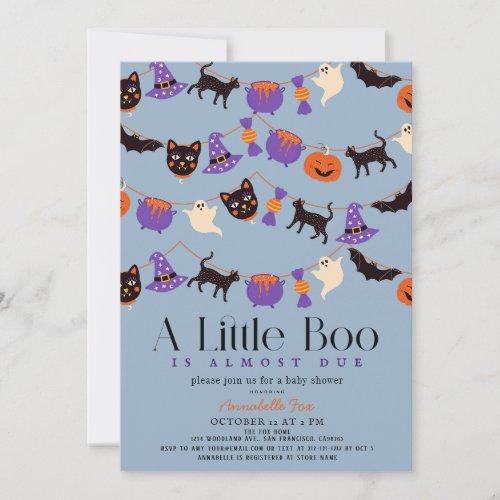Little Boo Halloween Garlands Blue Boy Baby shower Invitation