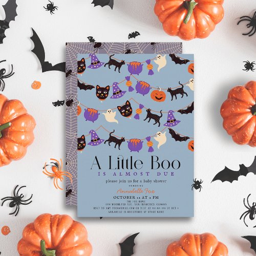 Little Boo Halloween Garlands Blue Boy Baby shower Invitation