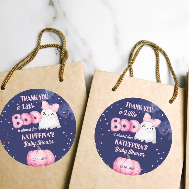 Little boo Halloween ghost girl baby shower favor Classic Round Sticker (Little boo cute girl ghost baby shower thank you favor stickers navy blue background pink pumpkin)