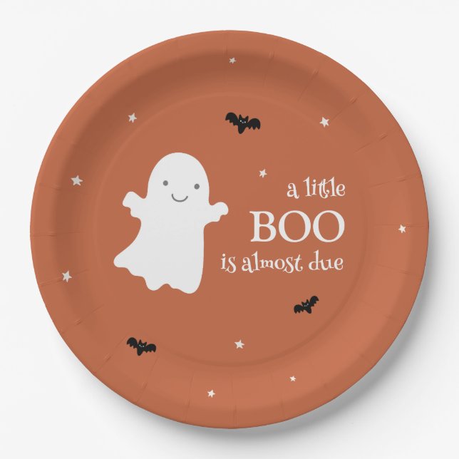 Little Boo Halloween Ghost Orange Baby Shower Paper Plates (Front)