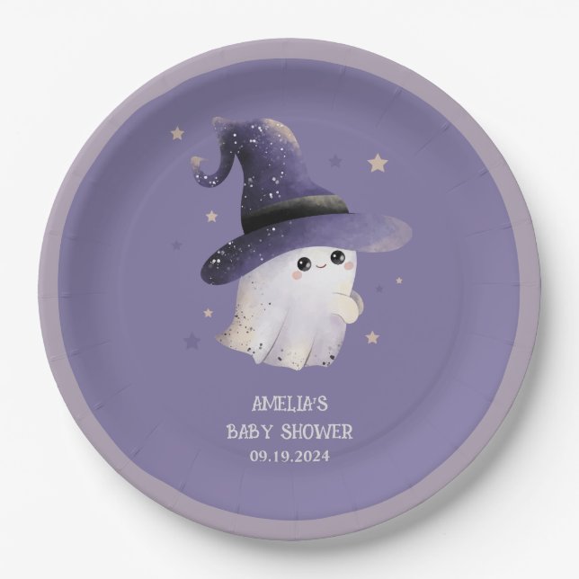 Little Boo Halloween ghost purple baby shower  Paper Plates (Front)