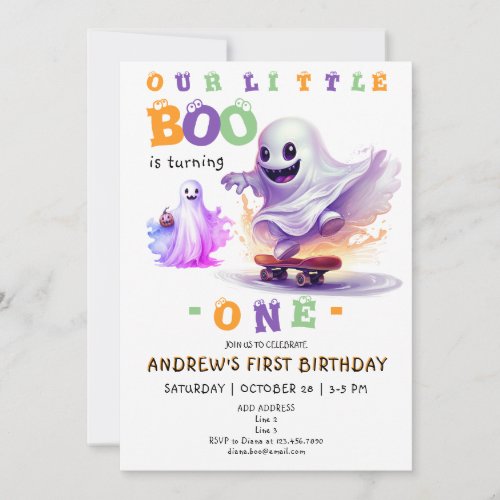 Little Boo Halloween Ghost Skater Any Age Birthday Invitation