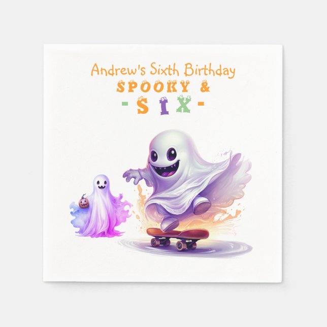 Little Boo Halloween Ghost Skater Any Age Birthday Napkins (Front)