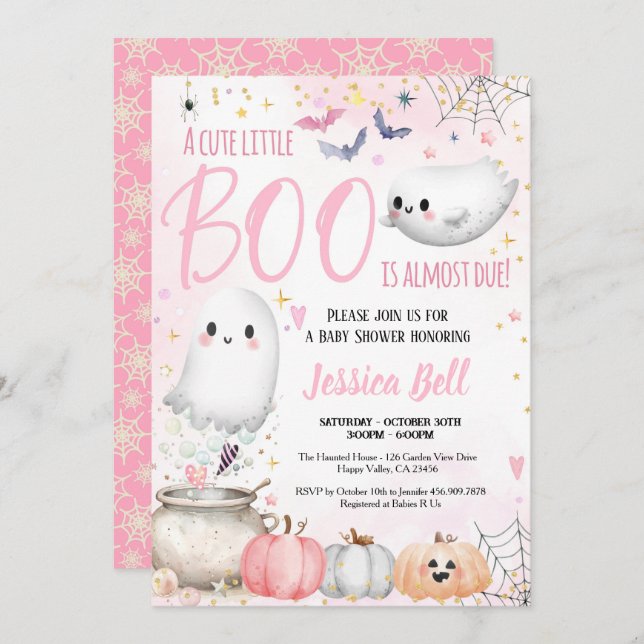 Little Boo Halloween Girl Baby Shower Pink  Invitation (Front/Back)