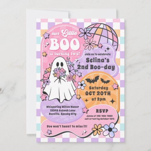 Little Boo Halloween Groovy Ghost 2nd Birthday Invitation