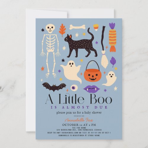 Little Boo Halloween Motifs Blue Boy Baby shower Invitation