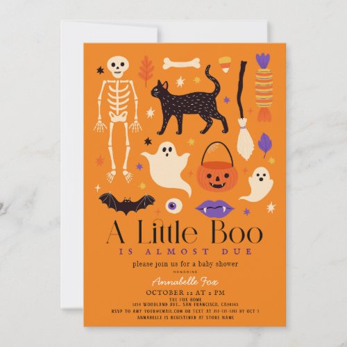 Little Boo Halloween Motifs Orange Baby shower Invitation
