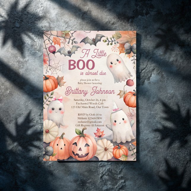 Little boo Halloween pink cute ghost baby shower Invitation (Little boo Halloween pink cute ghosts and pumpkins baby shower Invitation template instant download)