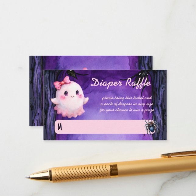 Little boo Halloween pink cute ghost diaper raffle Enclosure Card (Front/Back In Situ)