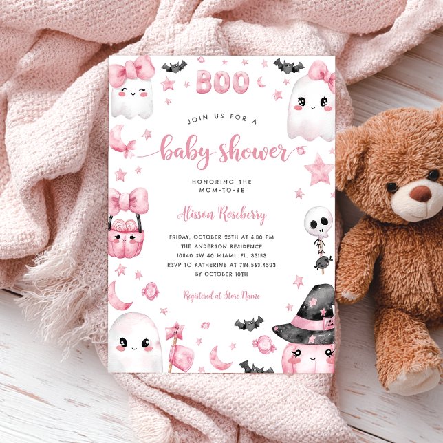 Little Boo Halloween Pink Ghost Baby Shower Invitation (Creator Uploaded)
