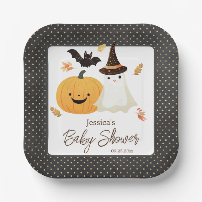 Little Boo Halloween Pollka Dot Baby Shower  Paper Plates (Front)