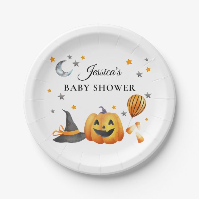 Little Boo Halloween Pumpkin Baby Shower Paper Plates (Front)