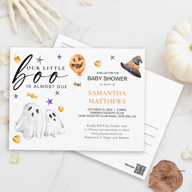 Little Boo Halloween Watercolor Baby Shower Postcard (Little boo is almost due Halloween postcard invitation includes watercolor ghosts and candy corn.)