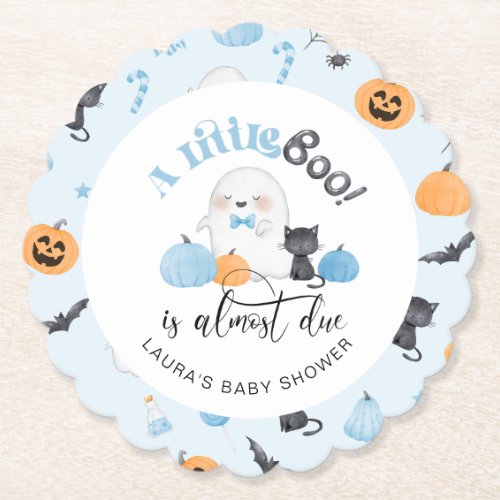 Little Boo is almost due blue baby shower Paper Coaster