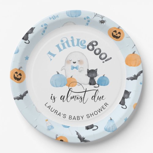 Little Boo is almost due blue baby shower Paper Plates