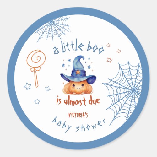 Little boo is Almost Due Halloween Baby Boy Shower Classic Round Sticker