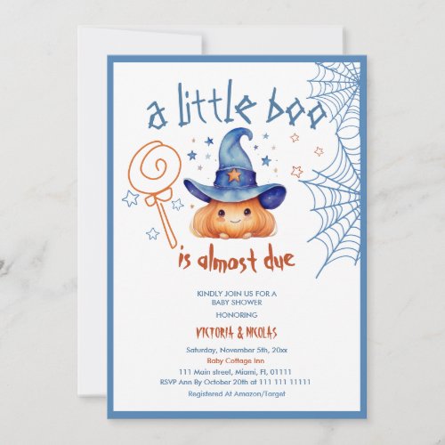 Little boo is Almost Due Halloween Baby Boy Shower Invitation