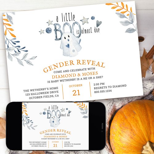 Little Boo is Almost Due Halloween Gender Reveal Invitation